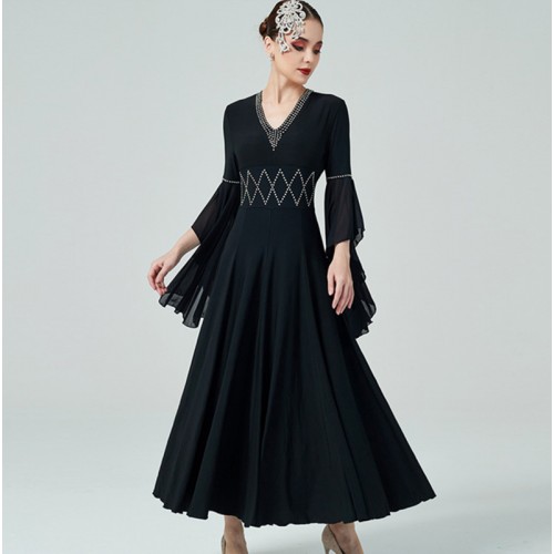 Black wine color ballroom dance dresses with diamond for women girls flare sleeves national standard professional waltz tango dance dress practice swing skirt